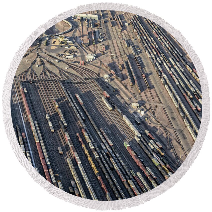 Aerial Shots Round Beach Towel featuring the photograph Barstow Rail Yard 9 by Jim Thompson