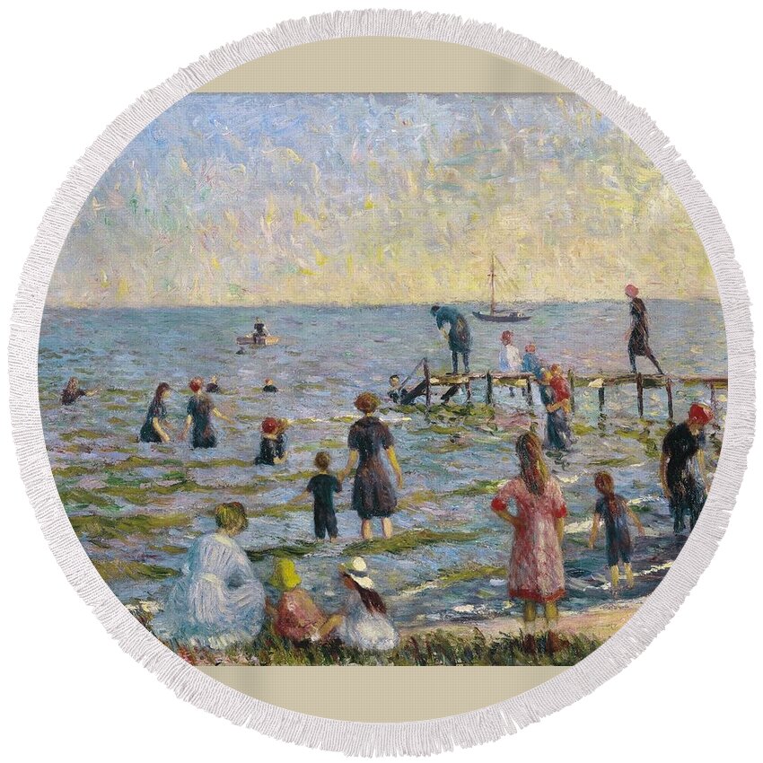 William Glackens (american Round Beach Towel featuring the painting Bathing at Bellport #2 by William Glackens