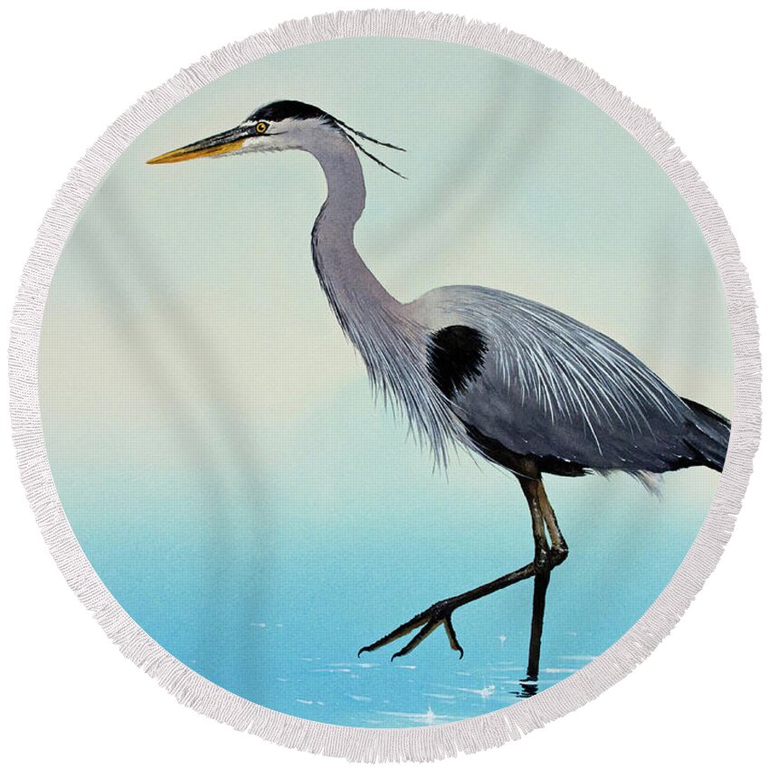 Heron Round Beach Towel featuring the painting Blue Water Heron by James Williamson
