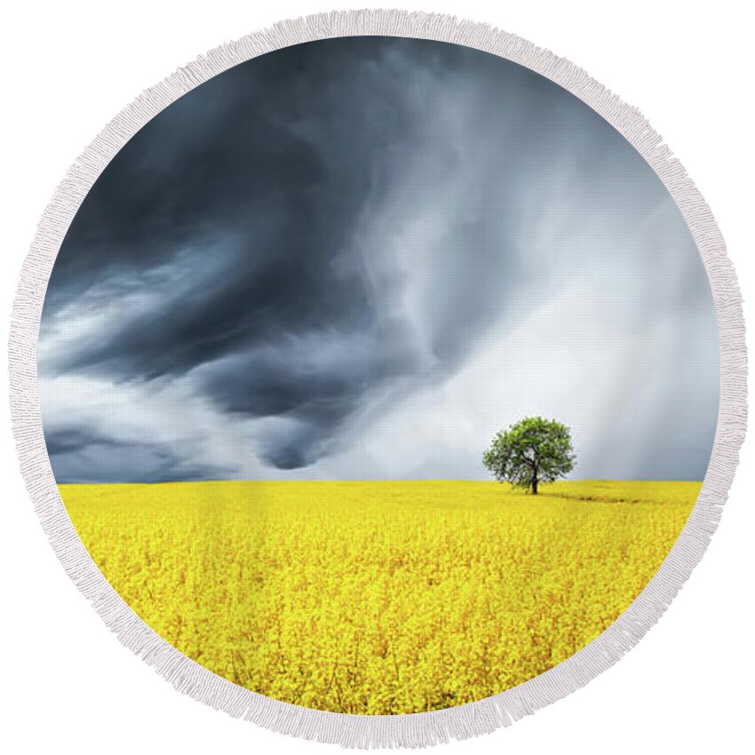 Hello Bessi Round Beach Towel featuring the photograph Canola Field #2 by Bess Hamiti