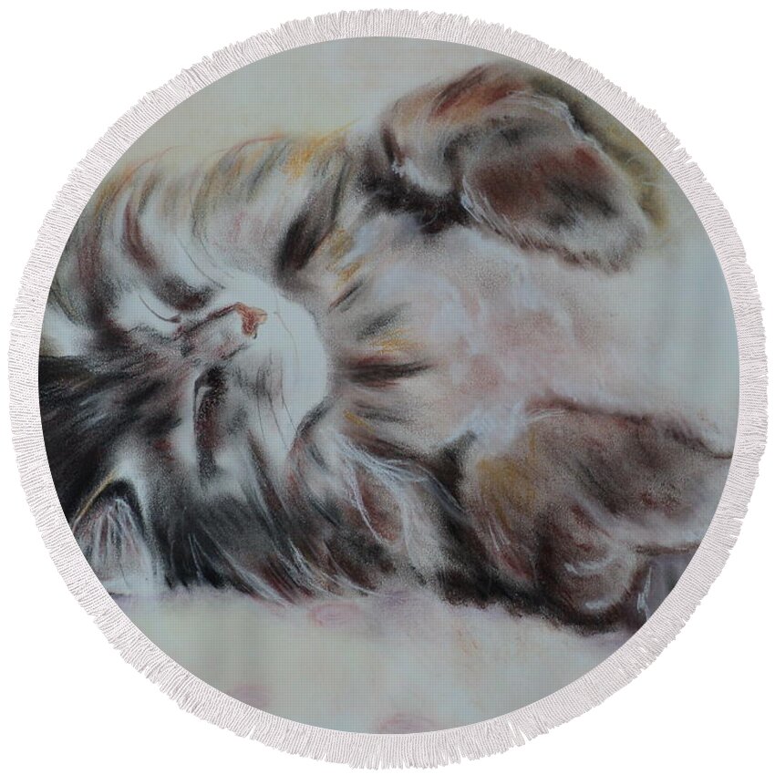 Sleeping Cat Round Beach Towel featuring the drawing Cat Nap by Carla Carson