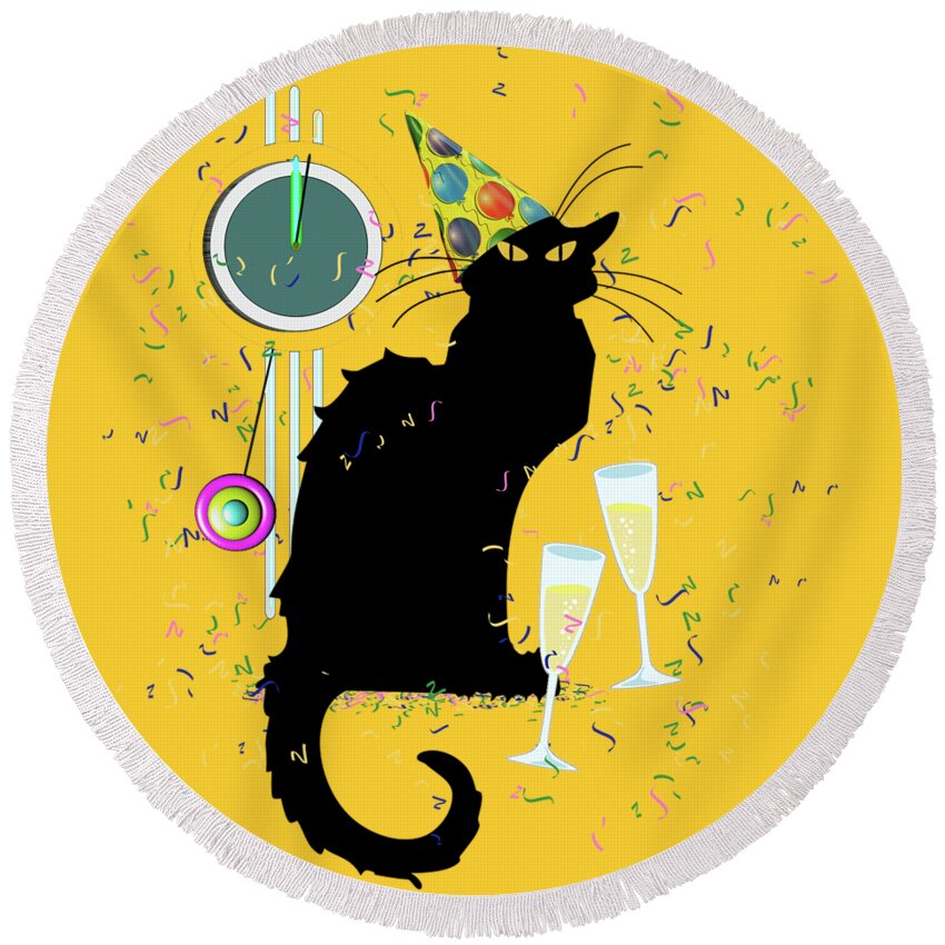 Chat Noir New Years Round Beach Towel featuring the digital art Chat Noir New Years Party Countdown #2 by Gravityx9 Designs