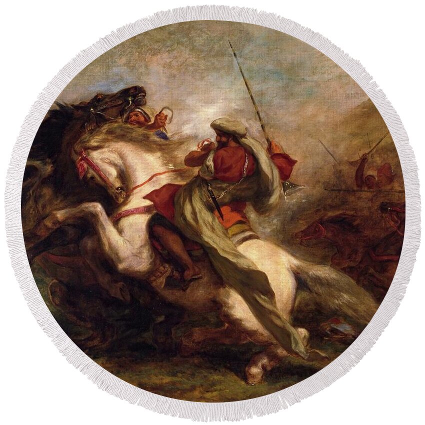 Collision Round Beach Towel featuring the painting Collision of Moorish Horsemen #3 by Eugene Delacroix