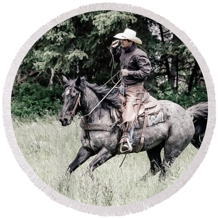 Cowboy Round Beach Towel featuring the photograph Cowboys Ride #2 by Athena Mckinzie