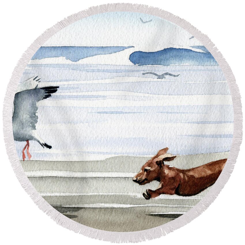 Dog Chasing Seagull on Beach Round Beach Towel Dog Chasing Seagull on Beach Round Beach Towel