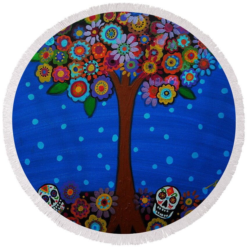 Day Of The Dead Round Beach Towel featuring the painting Day Of The Dead #2 by Pristine Cartera Turkus