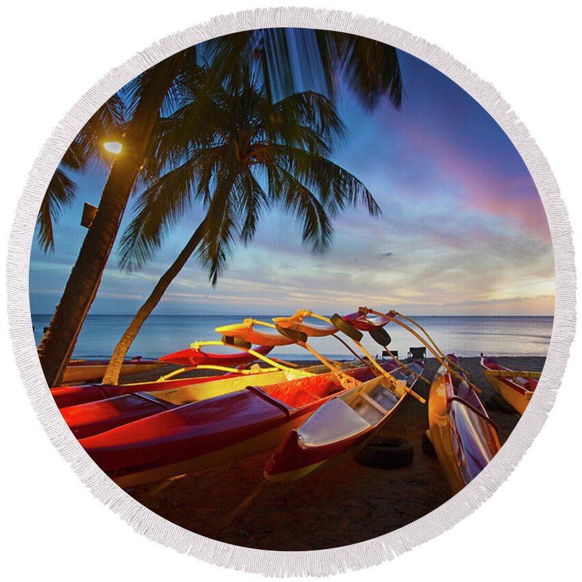 Maui Hawaii Seascape Canoes Kihei Sunset Clouds Round Beach Towel featuring the photograph Evening Falls #2 by James Roemmling