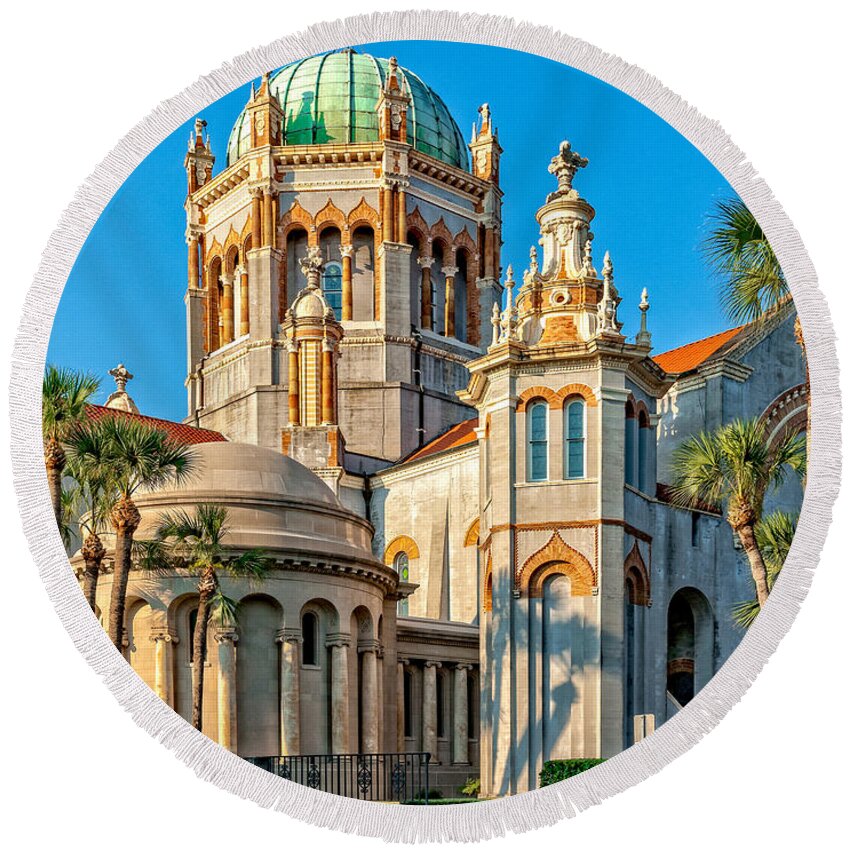 Structure Round Beach Towel featuring the photograph Flagler Memorial Presbyterian Church 3 by Christopher Holmes
