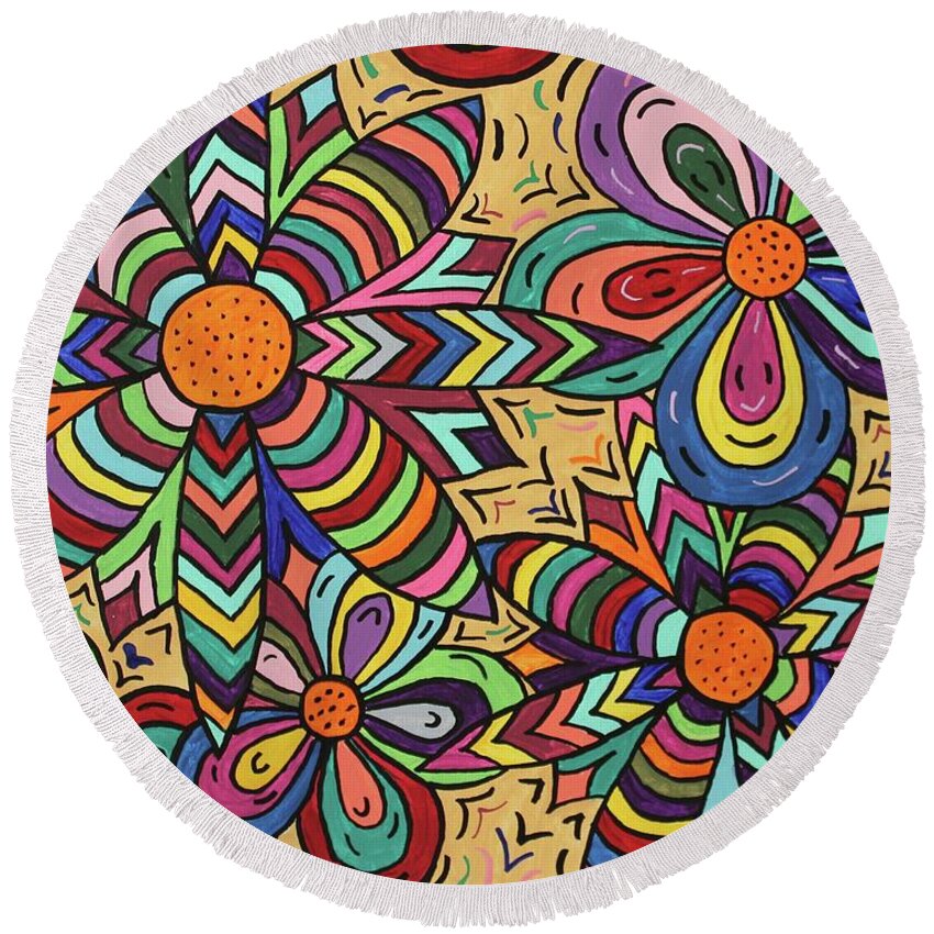 Black Round Beach Towel featuring the painting Flower Power #3 by Susie WEBER
