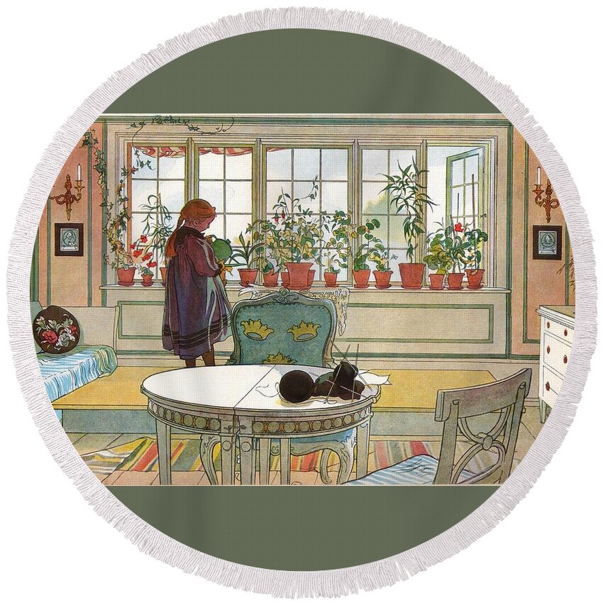 Carl Larsson Round Beach Towel featuring the painting Flowers on the Windowsill by MotionAge Designs