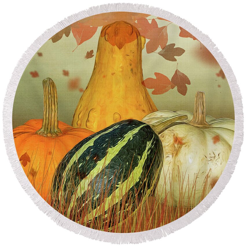Pumpkins Round Beach Towel featuring the photograph Harvest Time by Cathy Kovarik