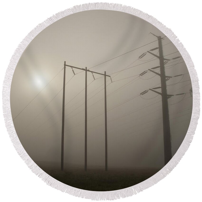 Snohomish Valley Round Beach Towel featuring the photograph Large Transmission Towers in Fog #2 by Jim Corwin
