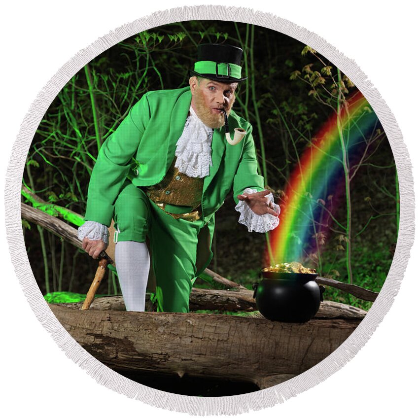 Leprechaun Round Beach Towel featuring the photograph Leprechaun with Pot of Gold #2 by Maxim Images Exquisite Prints