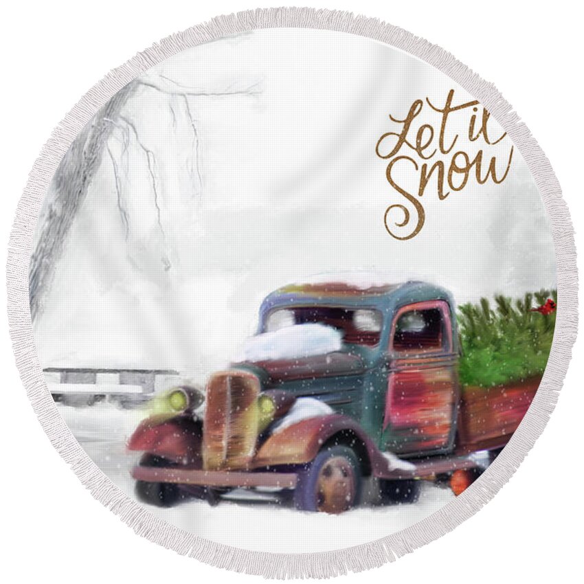 Reservoir Round Beach Towel featuring the mixed media Let it Snow #2 by Mary Timman
