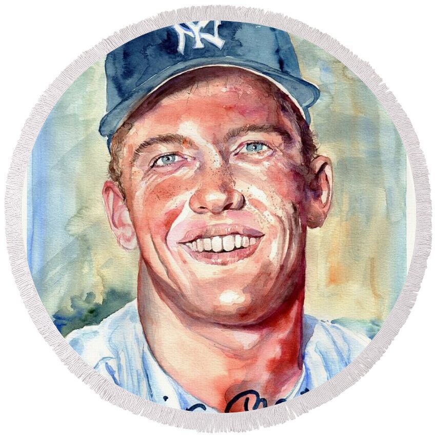 Mick Round Beach Towel featuring the painting Mickey Mantle portrait #2 by Suzann Sines