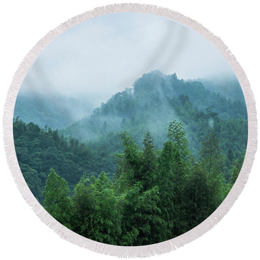 Scenery Round Beach Towel featuring the photograph Mountains scenery in the mist #2 by Carl Ning