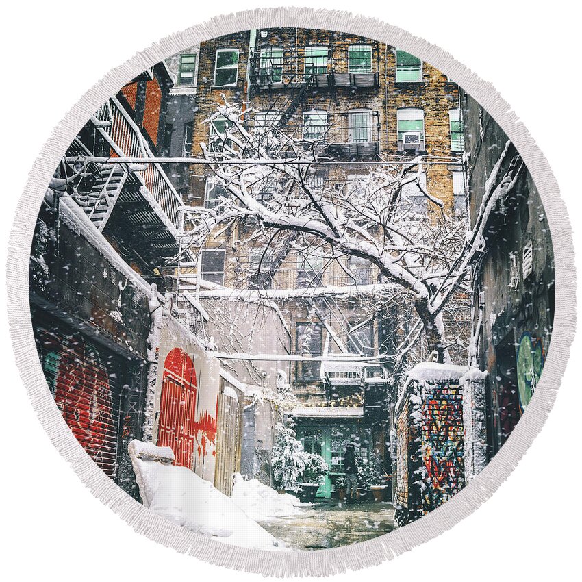 New York Round Beach Towel featuring the photograph New York City snow #2 by Vivienne Gucwa