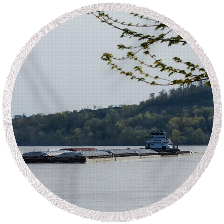 River Round Beach Towel featuring the photograph Ohio River Barge by Holden The Moment