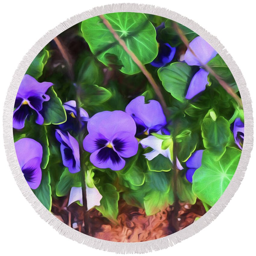 Painterly Round Beach Towel featuring the painting Pansies #2 by Bonnie Bruno