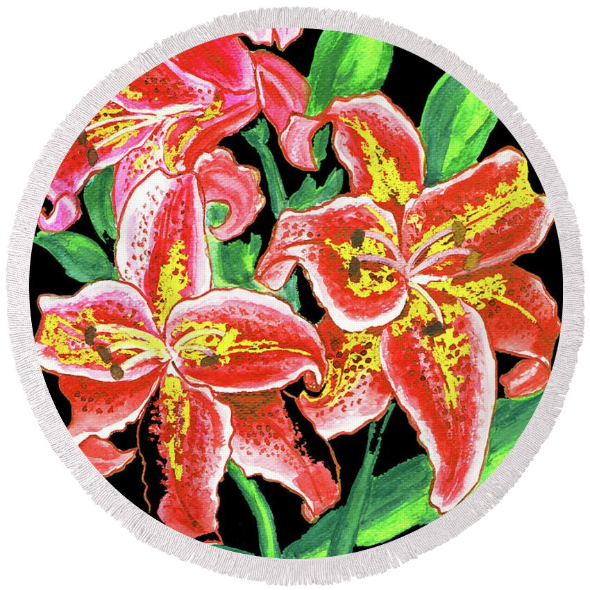 Lily Round Beach Towel featuring the painting Red lilies #4 by Irina Afonskaya