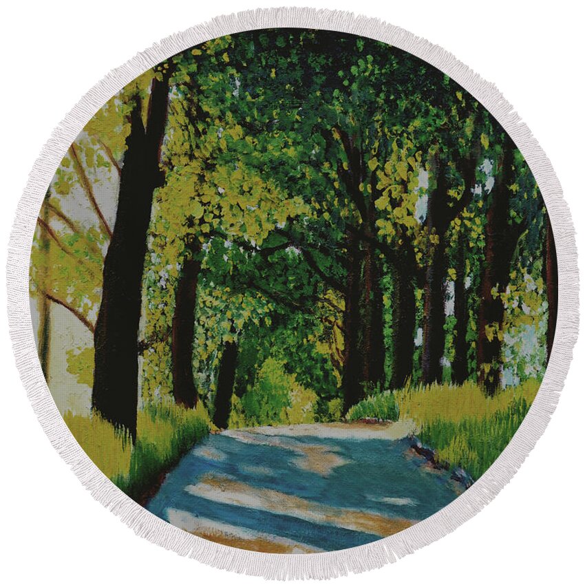 Road Round Beach Towel featuring the painting Road and Trees #1 by Stan Hamilton
