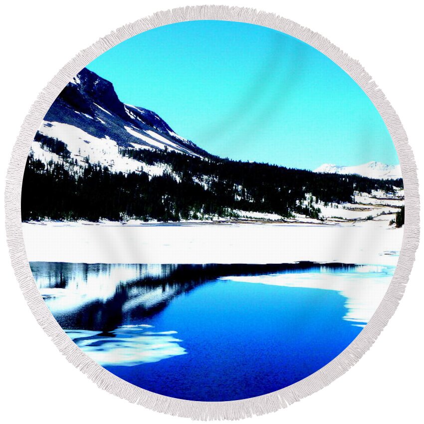 Landscape Round Beach Towel featuring the photograph Shiny snow magic on lake #3 by Kumiko Mayer