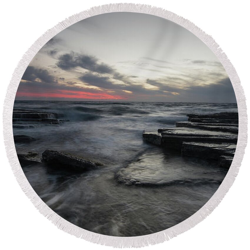 Seascape Round Beach Towel featuring the photograph Shipwreck of an abandoned ship on a rocky shore by Michalakis Ppalis