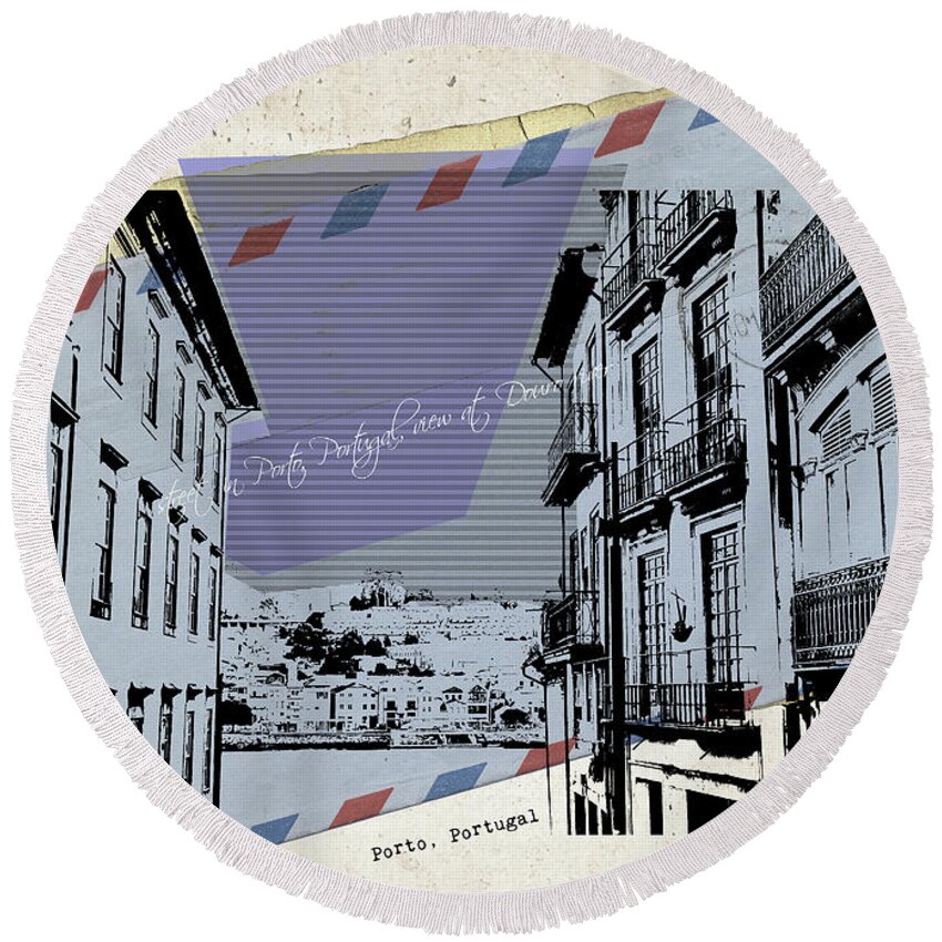 Porto Round Beach Towel featuring the digital art stylish retro postcard of Porto #4 by Ariadna De Raadt