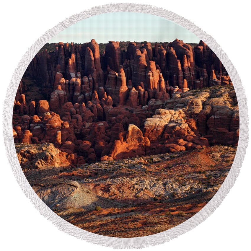 Monument Round Beach Towel featuring the photograph Sunrise at Fiery Furnace in Arches National Park #2 by Pierre Leclerc Photography