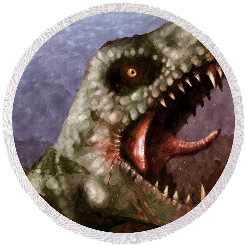 Dinosaur Round Beach Towel featuring the painting T-Rex #2 by Pixel Chimp