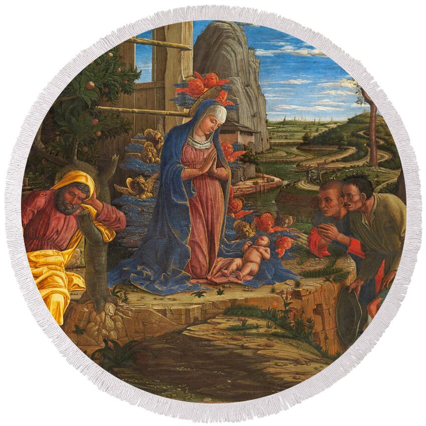 Andrea Mantegna Round Beach Towel featuring the painting The Adoration of the Shepherds #4 by Andrea Mantegna