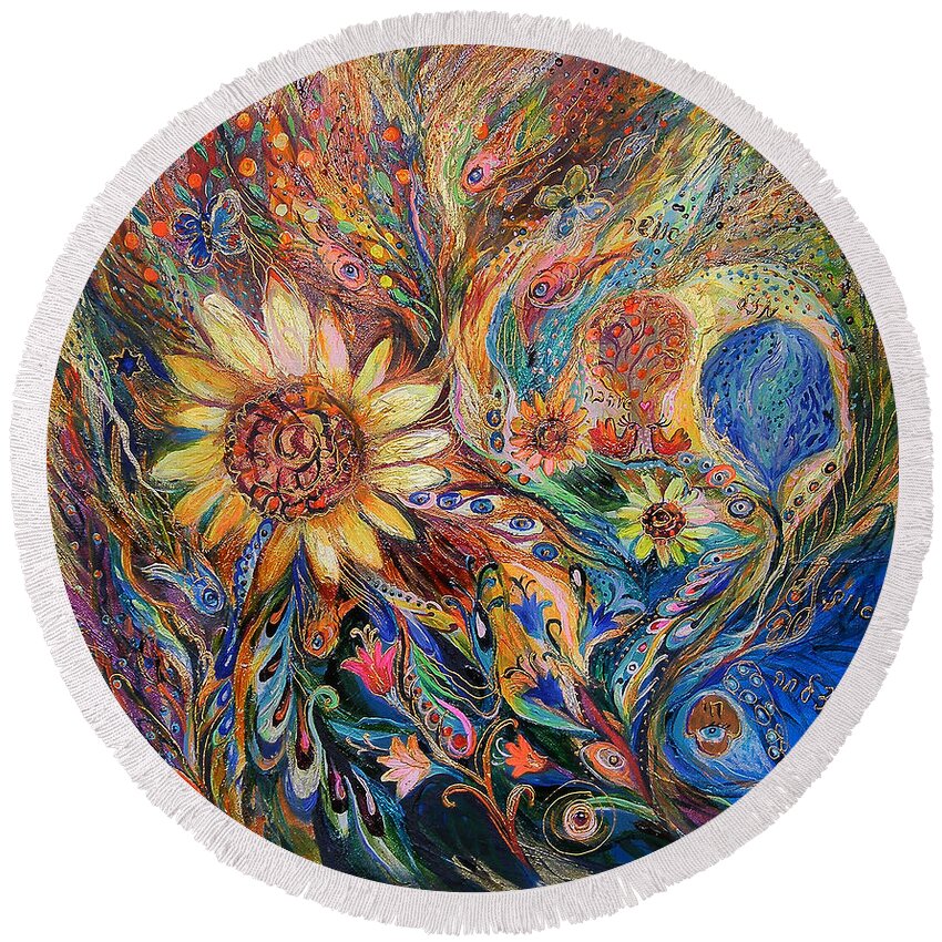 Original Round Beach Towel featuring the painting The Sunflower #2 by Elena Kotliarker