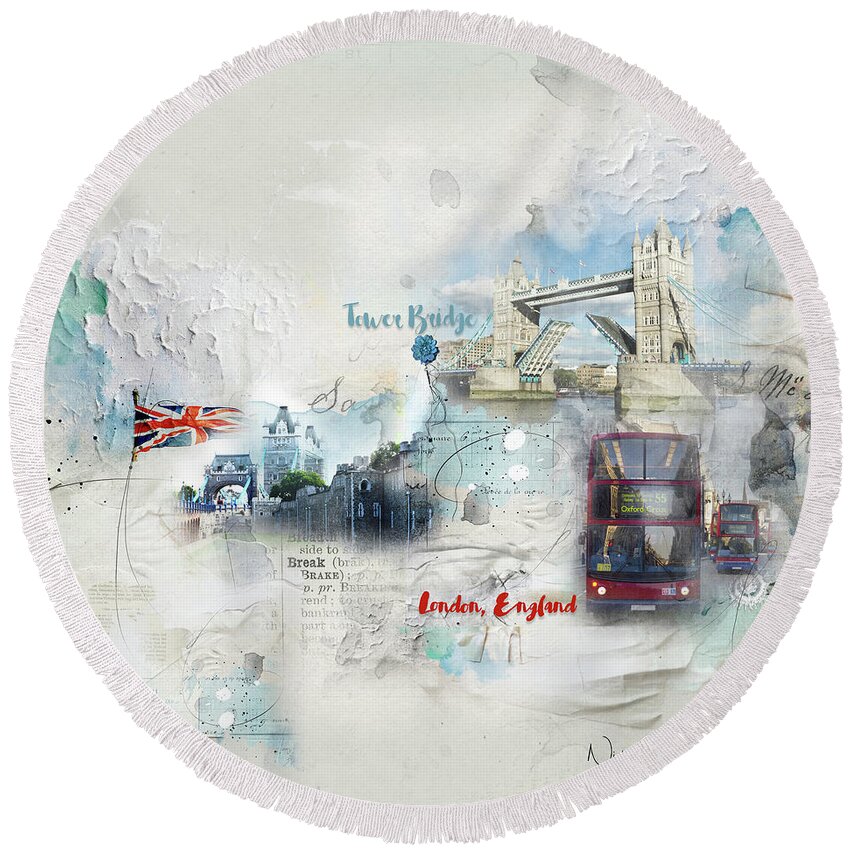 Londonart Round Beach Towel featuring the digital art Tower Bridge by Nicky Jameson