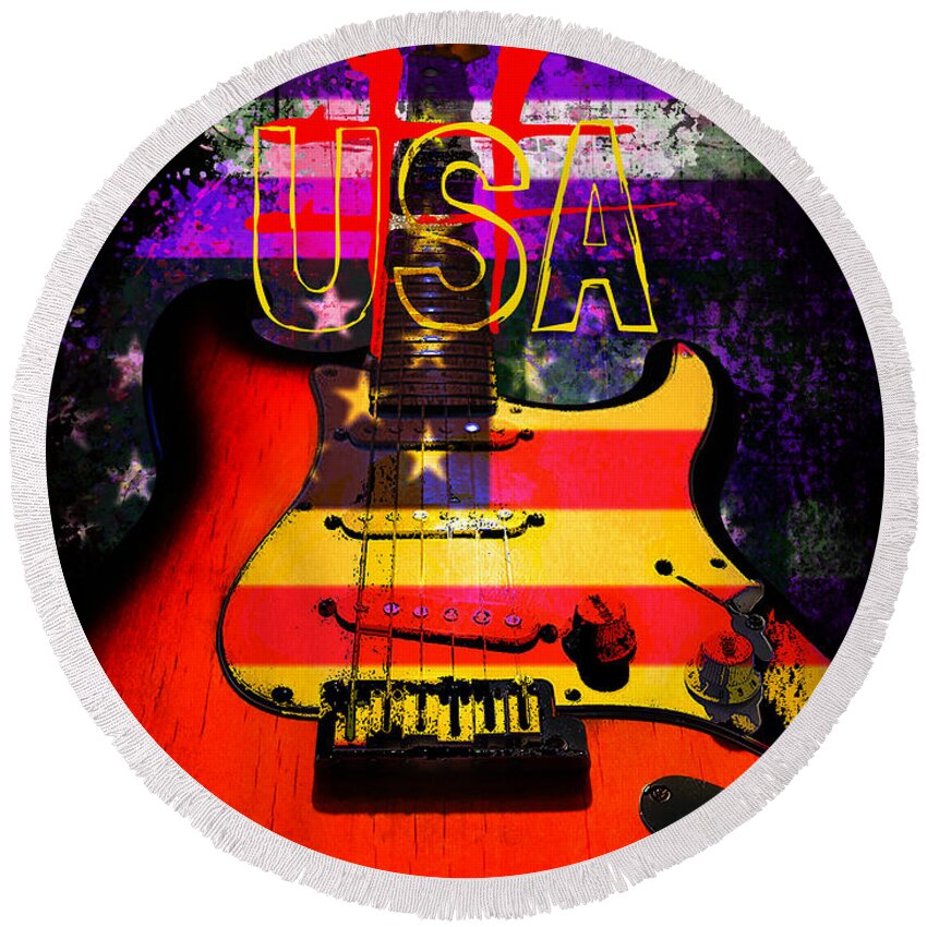 Guitar Round Beach Towel featuring the photograph Red USA Flag Guitar by Guitarwacky Fine Art