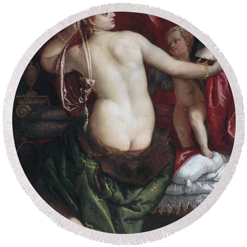 Paolo Veronese Round Beach Towel featuring the painting Venus with a Mirror by Paolo Veronese
