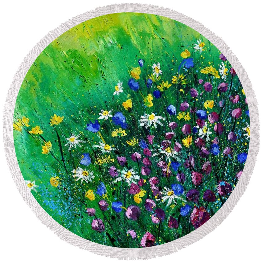 Flowers Round Beach Towel featuring the painting Wild Flowers #4 by Pol Ledent