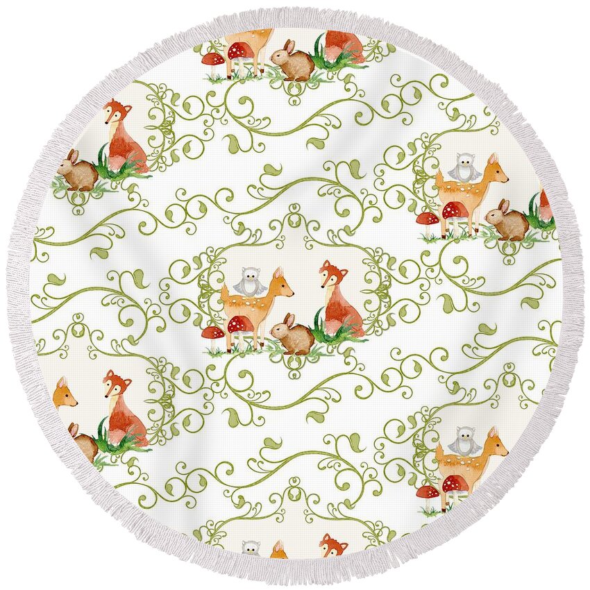 Woodchuck Round Beach Towel featuring the painting Woodland Fairytale - Animals Deer Owl Fox Bunny n Mushrooms #2 by Audrey Jeanne Roberts