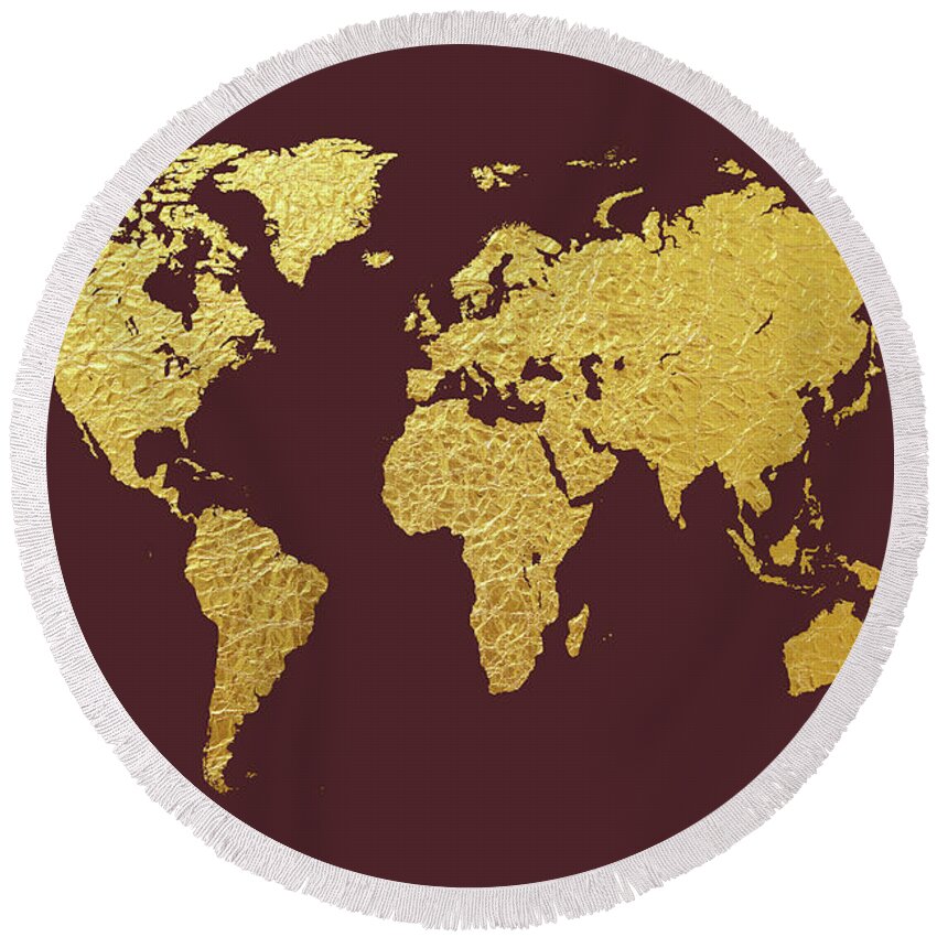 World Map Round Beach Towel featuring the digital art World Map Gold Foil #2 by Michael Tompsett