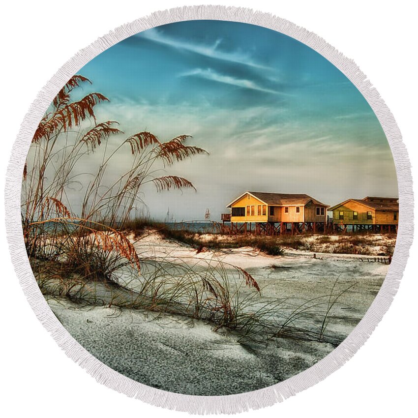 Alabama Round Beach Towel featuring the photograph 2 Yellow Beach Houses at Mobile Street by Michael Thomas