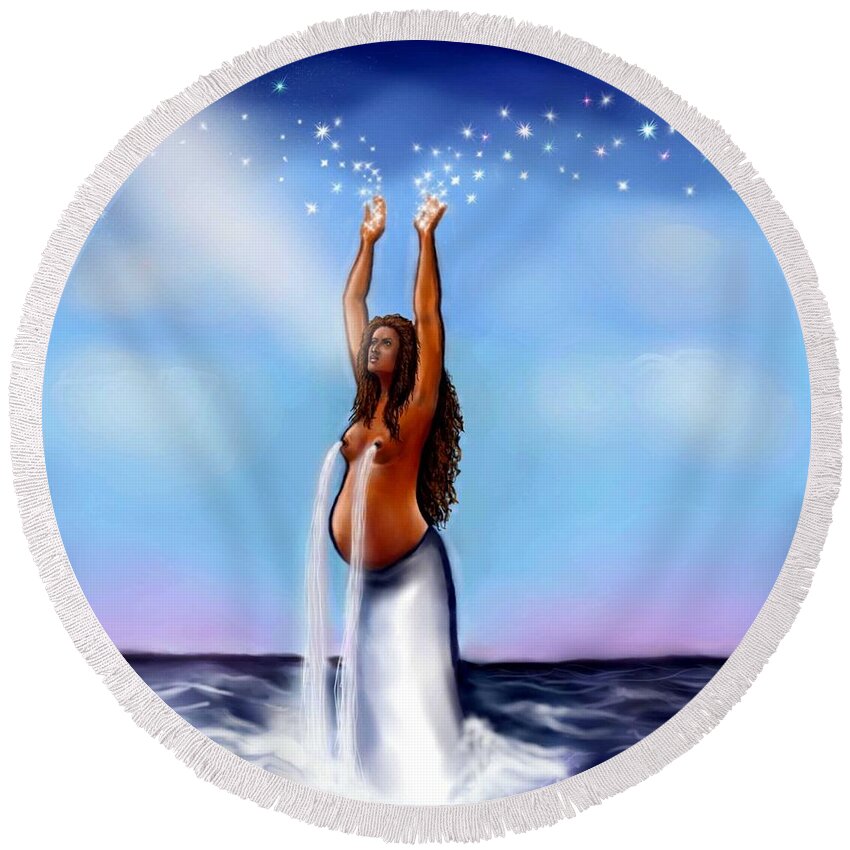 Yemaya Round Beach Towel featuring the digital art Yemaya - Mother Goddess by Carmen Cordova