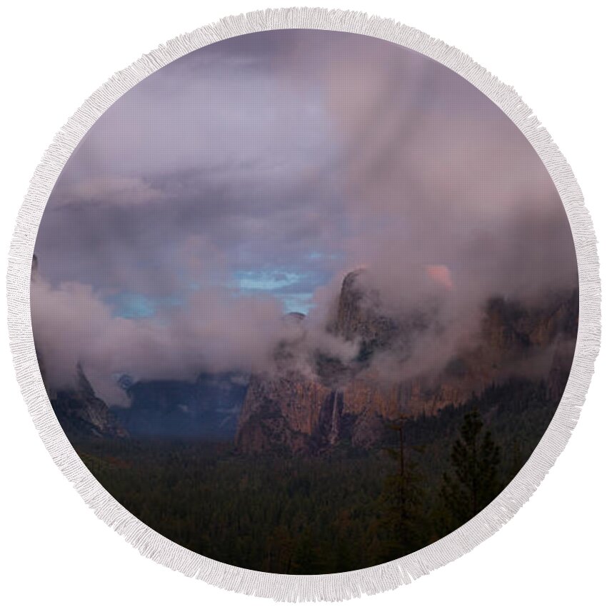 Yosemite Round Beach Towel featuring the photograph Yosemite Valley Panorama in Color by Alexander Fedin