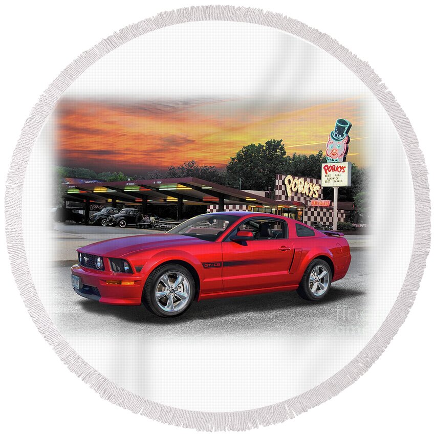 2007 Round Beach Towel featuring the photograph 2007 Mustang GT at Porky's by Ron Long