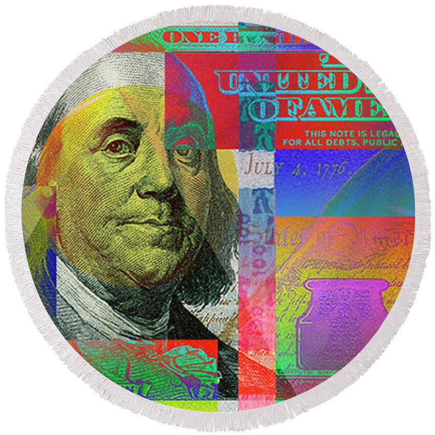 'paper Currency' Collection By Serge Averbukh Round Beach Towel featuring the digital art 2009 Series Pop Art Colorized U. S. One Hundred Dollar Bill No. 1 #2009 by Serge Averbukh