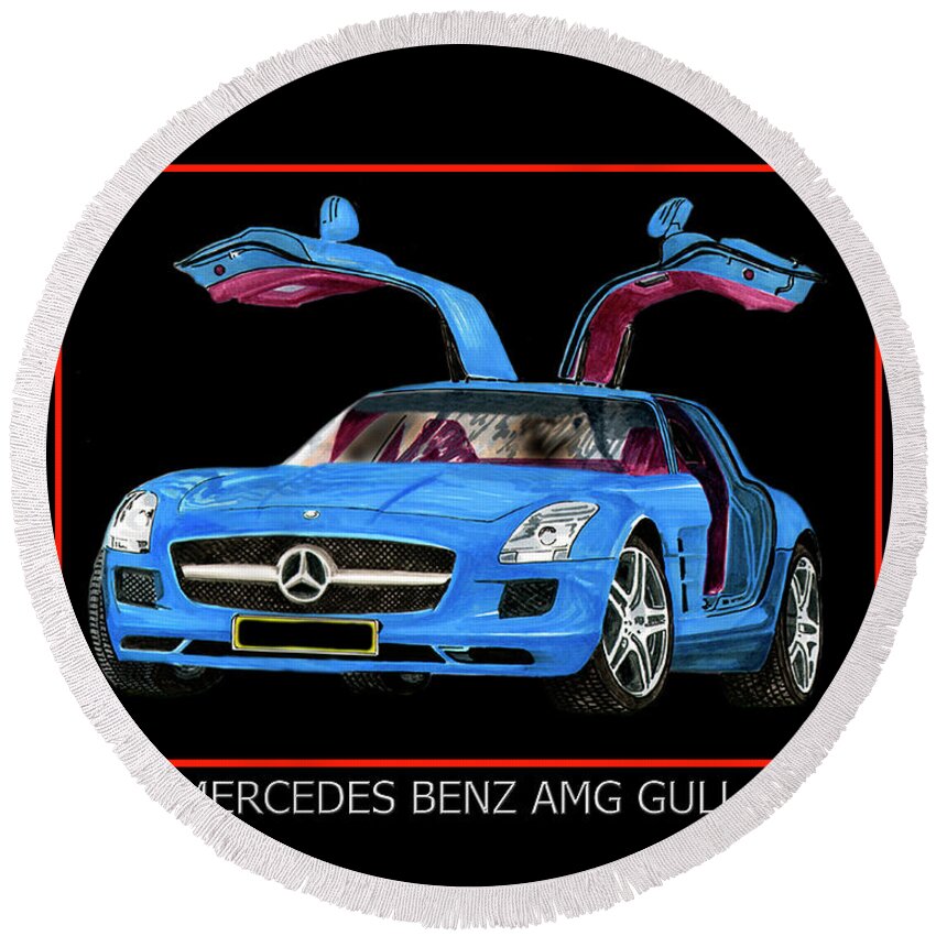 A Jack Pumphrey Watercolor Painting Of The 2010 Mercedes-benz Sls Amg Which Is A Front-engine Round Beach Towel featuring the painting 2010 Mercedes Benz S L S A MG by Jack Pumphrey