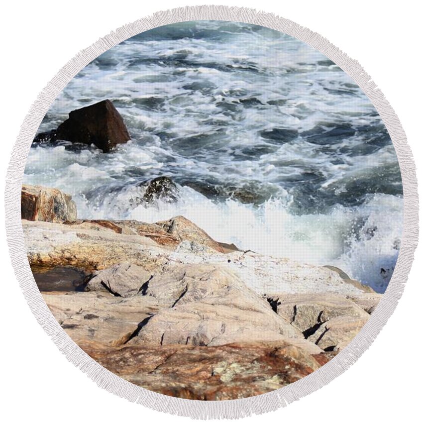 Seacoast Round Beach Towel featuring the pyrography 2010 NH Seacoast 4 by Robert Morin
