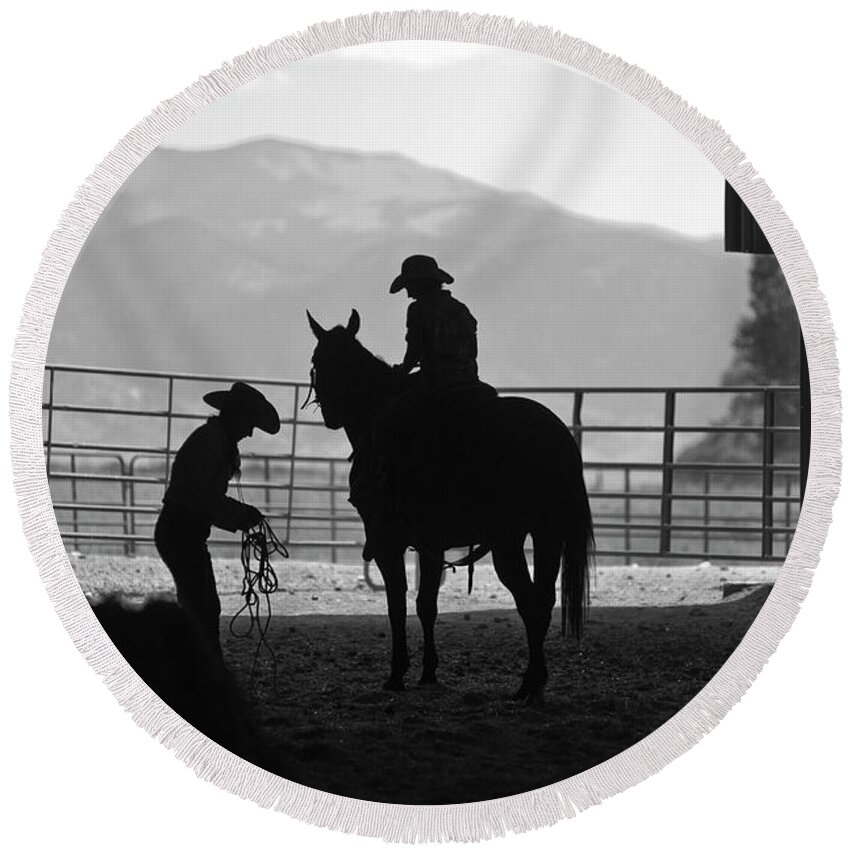 Rocky Mountains Round Beach Towel featuring the photograph 201208107-047K Cowgirls Preparing to Ride 2x3 by Alan Tonnesen
