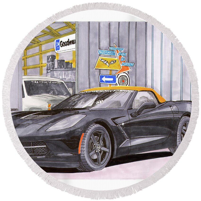 2014 Corvette Round Beach Towel featuring the painting 2014 Corvette and man cave garage by Jack Pumphrey