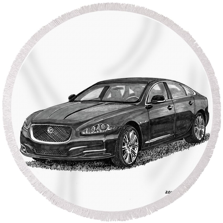A Watercolor & Ink Painting Of The 2015 Jaguar Xjr By Jack Pumphrey Round Beach Towel featuring the painting 2015 Jaguar X J L by Jack Pumphrey