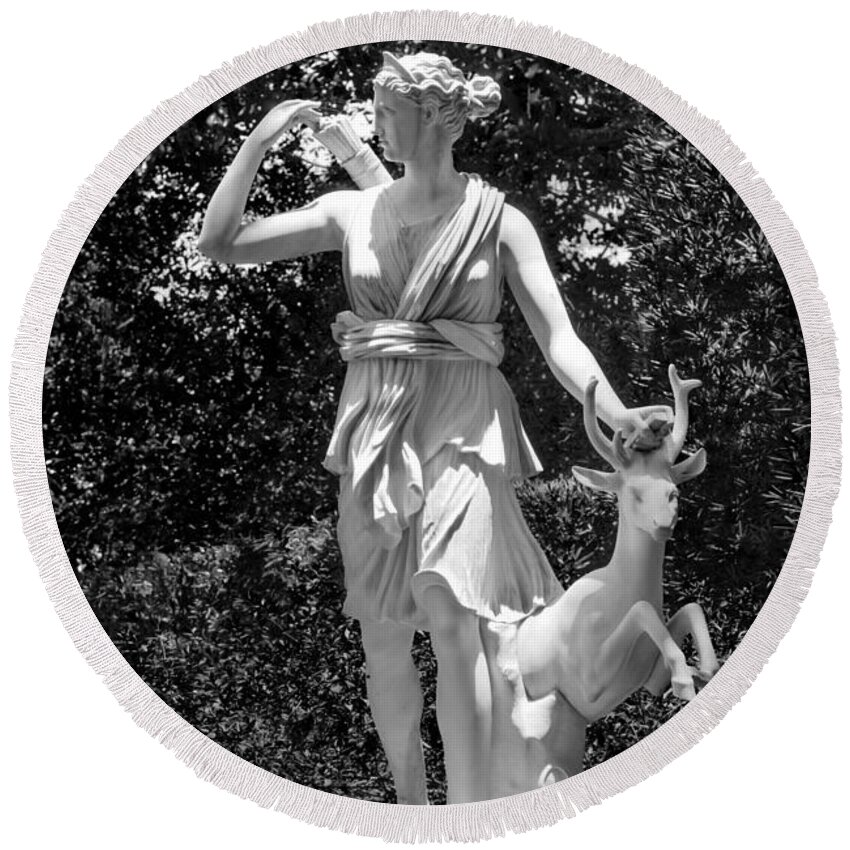 Garden; Summer; Orientation Portrait; Vertical Format; 2017; 2010s; Statue; Deer; July; Monochrome; B/w Photo; Black And White Photograph; Black And White Pictures; Bw Photo Round Beach Towel featuring the photograph 201707040-003HK Dianna Statue 2x3 BW by Alan Tonnesen