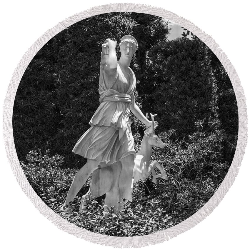 Garden; Summer; Orientation Portrait; Vertical Format; 2017; 2010s; July; Statue; Deer; Monochrome; B/w Photo; Black And White Photograph; Black And White Pictures; Bw Photo Round Beach Towel featuring the photograph 201707040-015K Dianna Huntress 2x3 BW by Alan Tonnesen